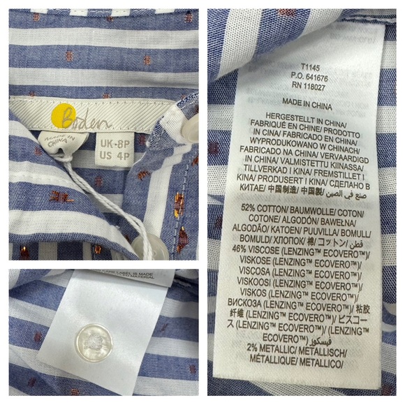 Boden Copper Metallic Clip Blue & White Pinstripe Button Up Shirt Nwt Size 4P - Picture 12 of 15